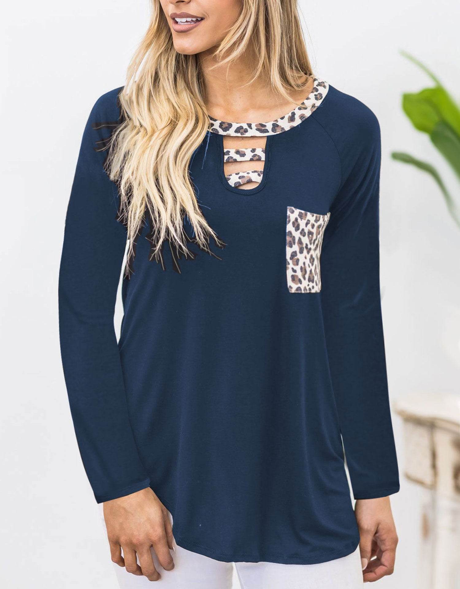 Cutout Leopard Round Neck Long Sleeve T-Shirt for a perfect OOTD – dress to impress outfits from Amexza