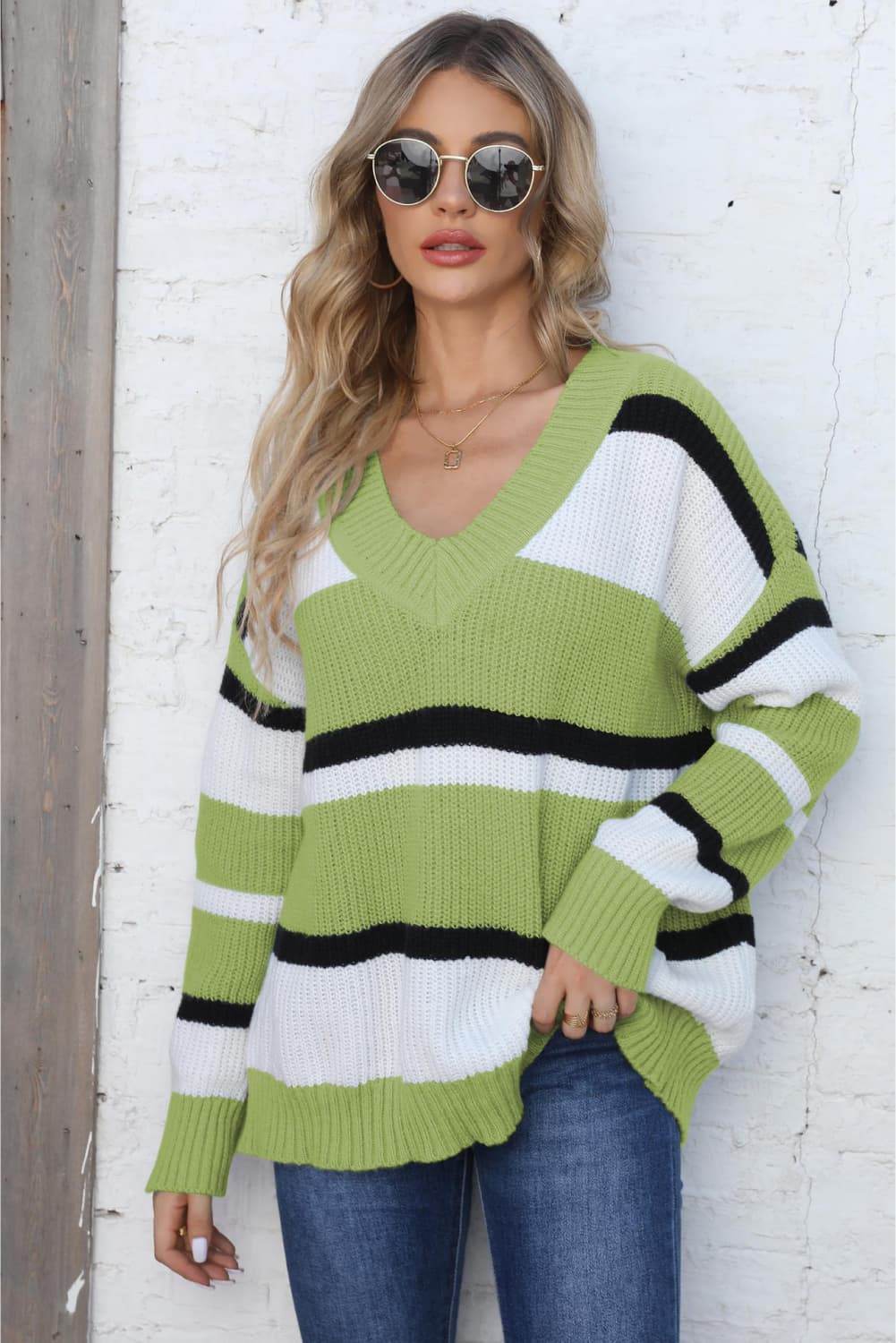 Color Block V-Neck Dropped Shoulder Sweater Yellow-Green One Size for a perfect OOTD – dress to impress outfits from Amexza