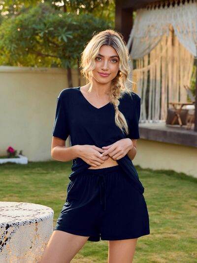 V-Neck Short Sleeve Top and Pocketed Shorts Lounge Set for a perfect OOTD – dress to impress outfits from Amexza