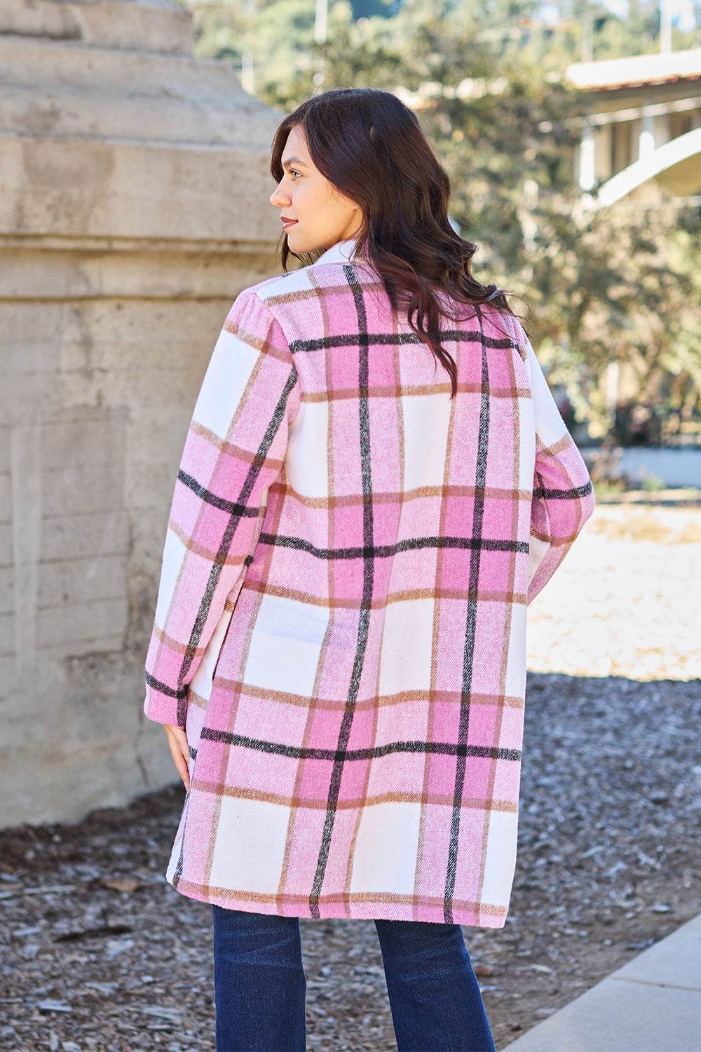 Double Take Full Size Plaid Button Up Lapel Collar Coat - Amexza