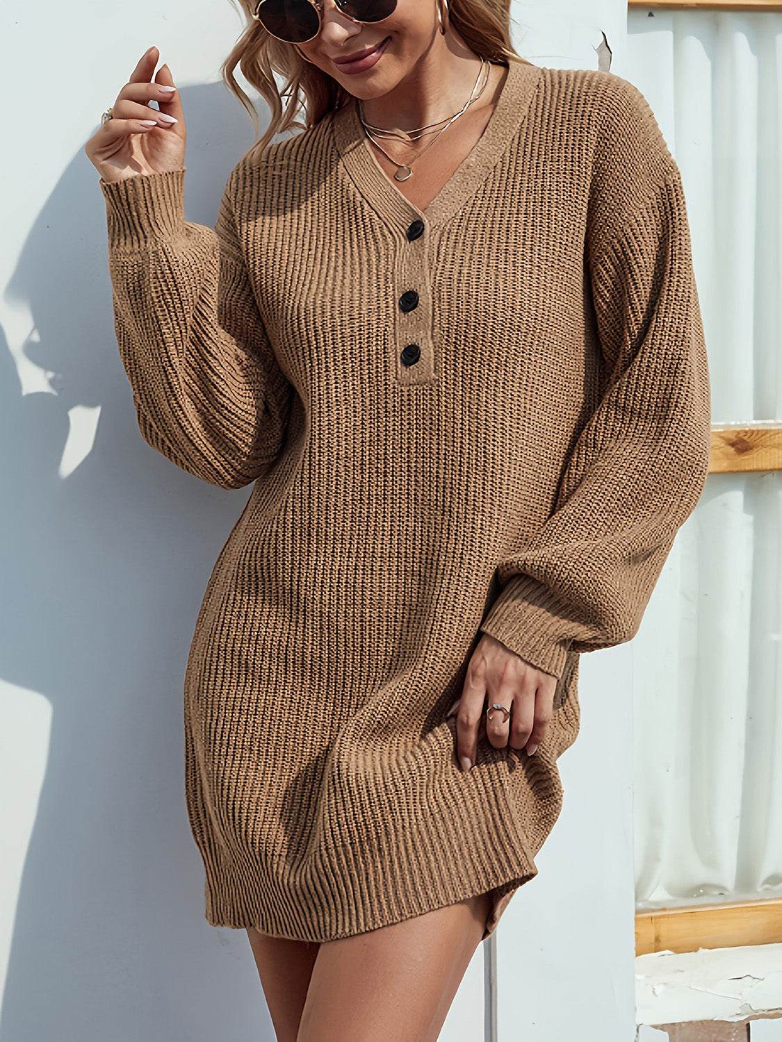 V-Neck Dropped Shoulder Mini Sweater Dress Camel for a perfect OOTD – dress to impress outfits from Amexza