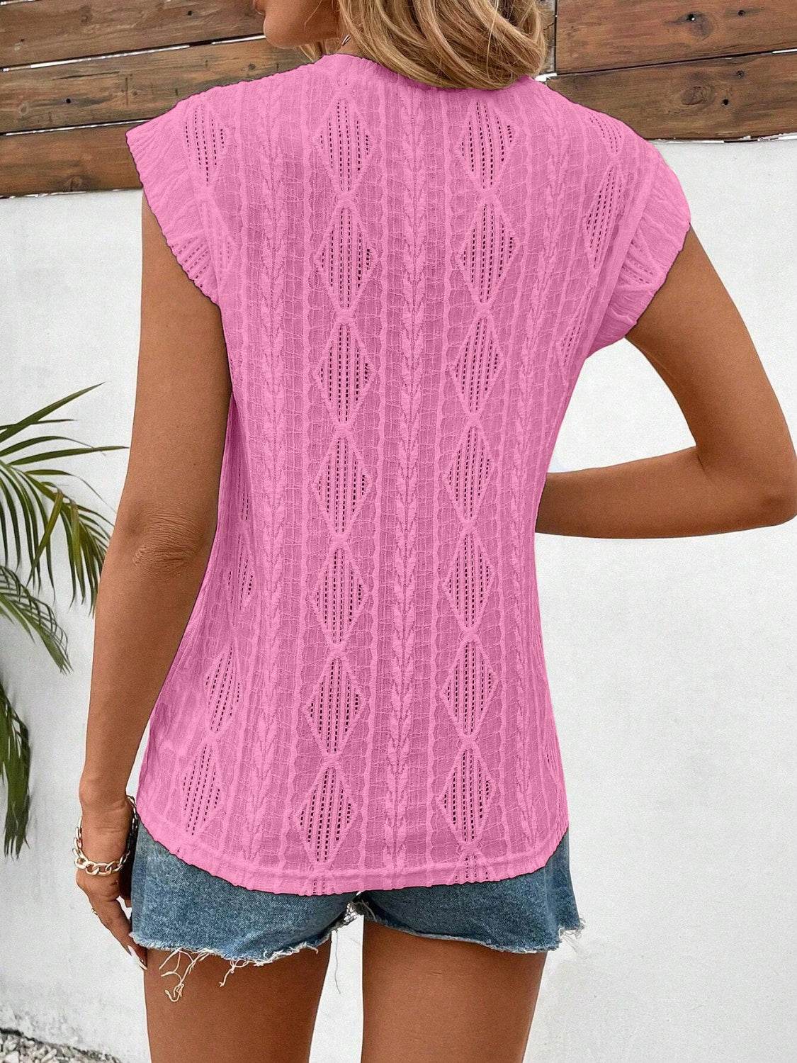 Openwork Round Neck Cap Sleeve Top - Amexza