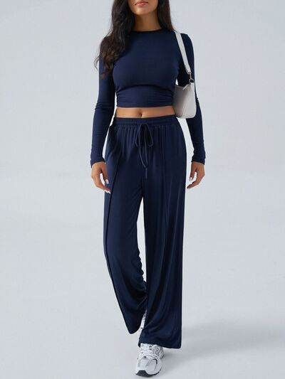 Devine Round Neck Long Sleeve Top and Pants Set - Amexza