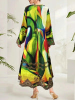 Multi-Color Abstract Print Notched Maxi Dress