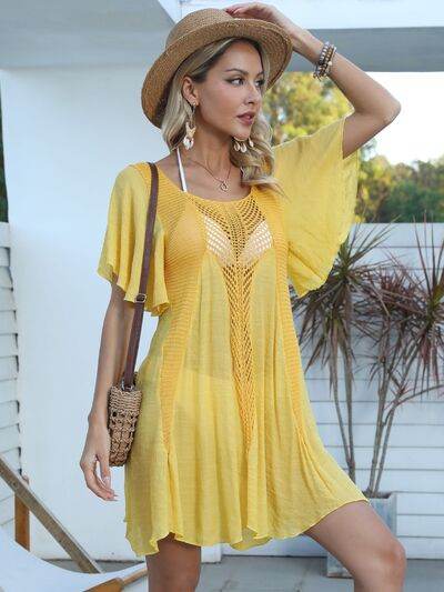 Openwork Flutter Sleeve Cover-Up Dress Yellow One Size for a perfect OOTD – dress to impress outfits from Amexza
