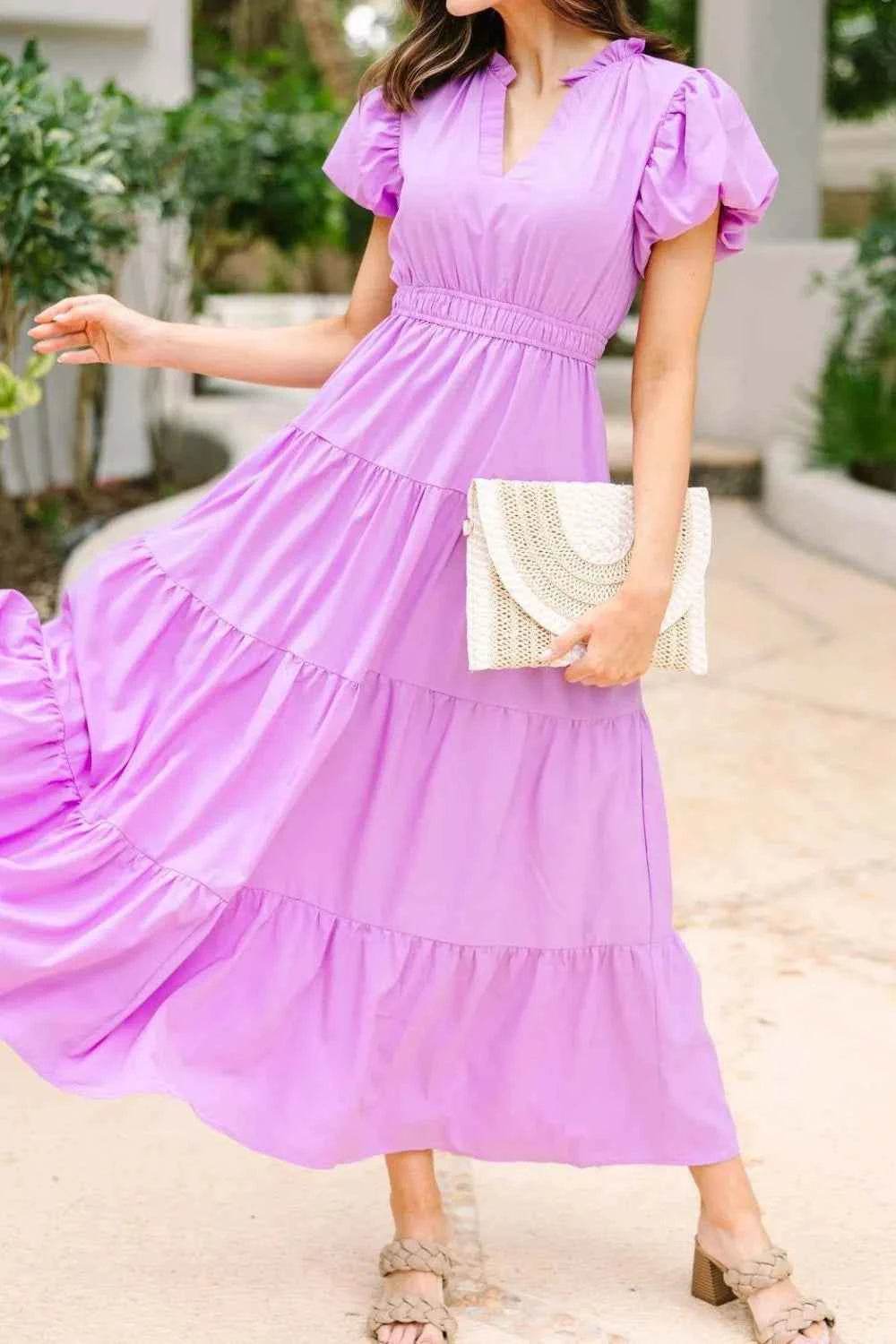 Notched Short Puff Sleeve Dress Heliotrope Purple for a perfect OOTD – dress to impress outfits from Amexza