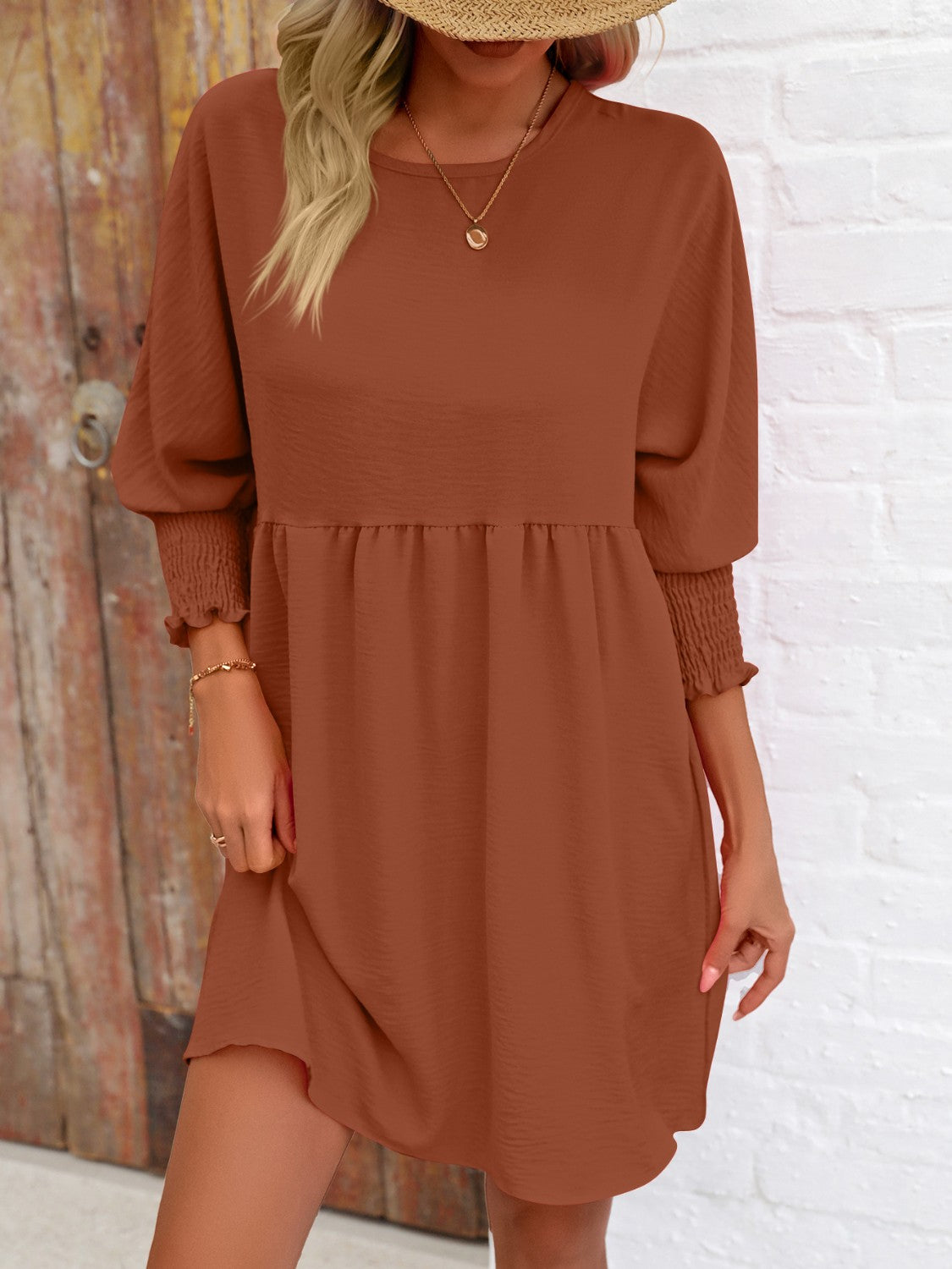 Round Neck Lantern Sleeve Mini Dress - Caramel / S