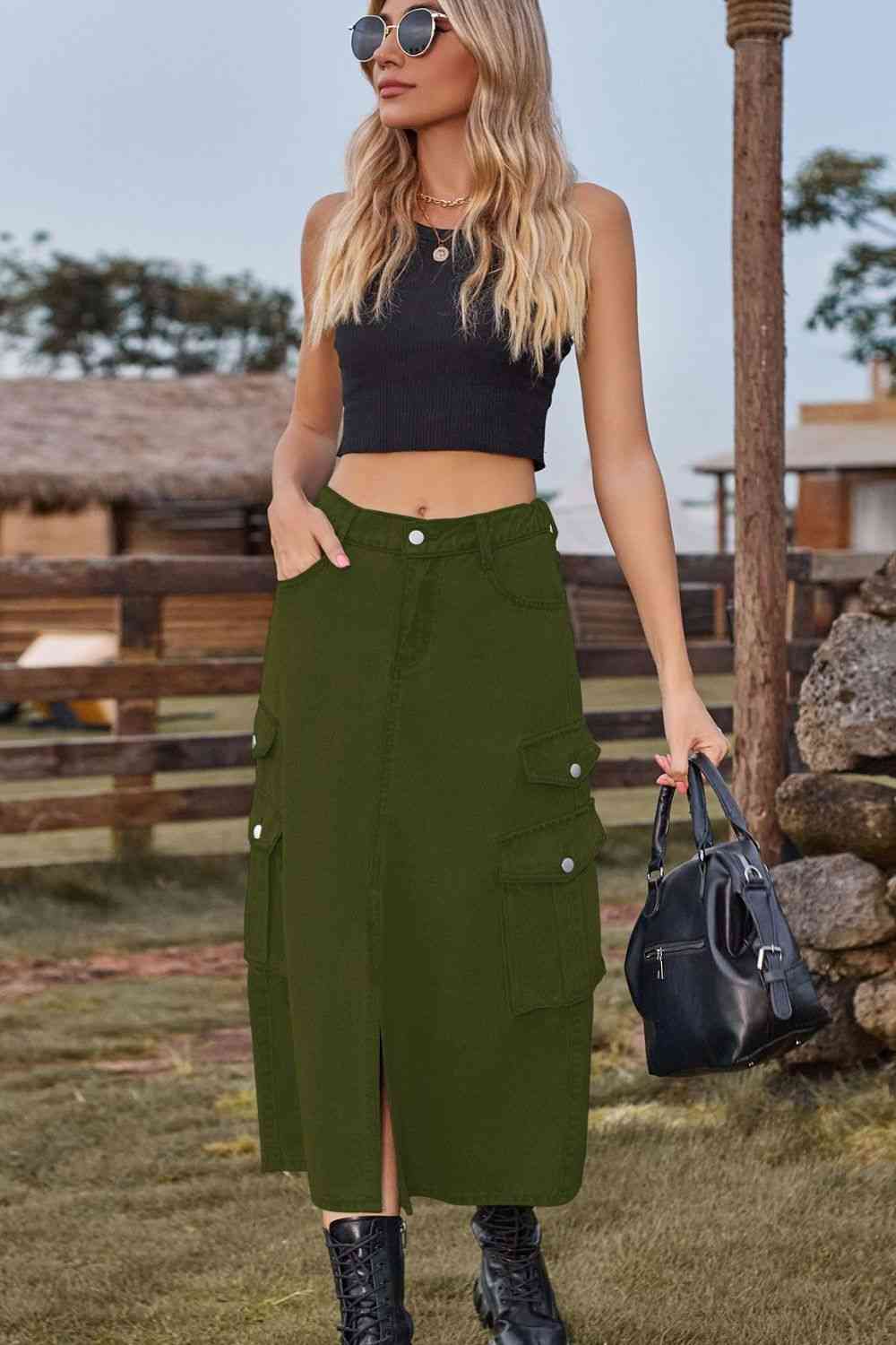 Slit Front Midi Denim Skirt with Pockets for a perfect OOTD – dress to impress outfits from Amexza