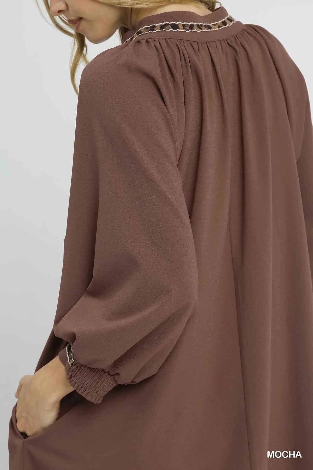 Umgee Notched Shift Dress with Trim Detail