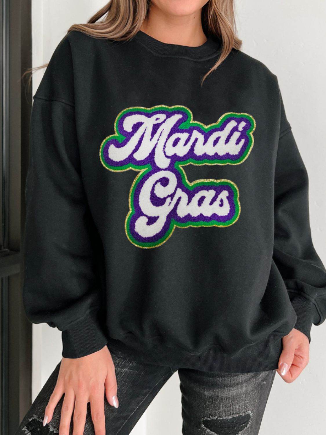 MARDI GRAS Round Neck Drop Shoulder Sweatshirt for a perfect OOTD – dress to impress outfits from Amexza