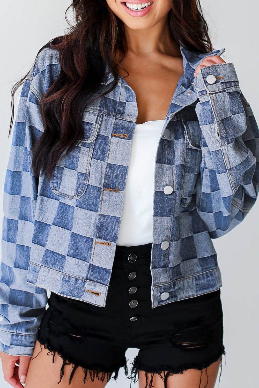 Checkered Button Up Denim Jacket for a perfect OOTD – dress to impress outfits from Amexza