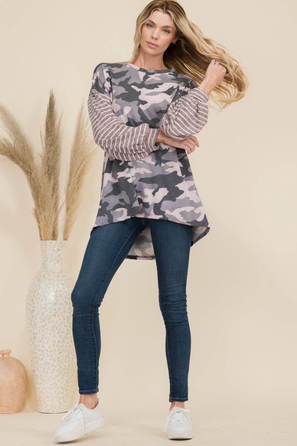 Celeste Full Size Camo Print High-Low T-Shirt with Stripe Sleeves for a perfect OOTD – dress to impress outfits from Amexza