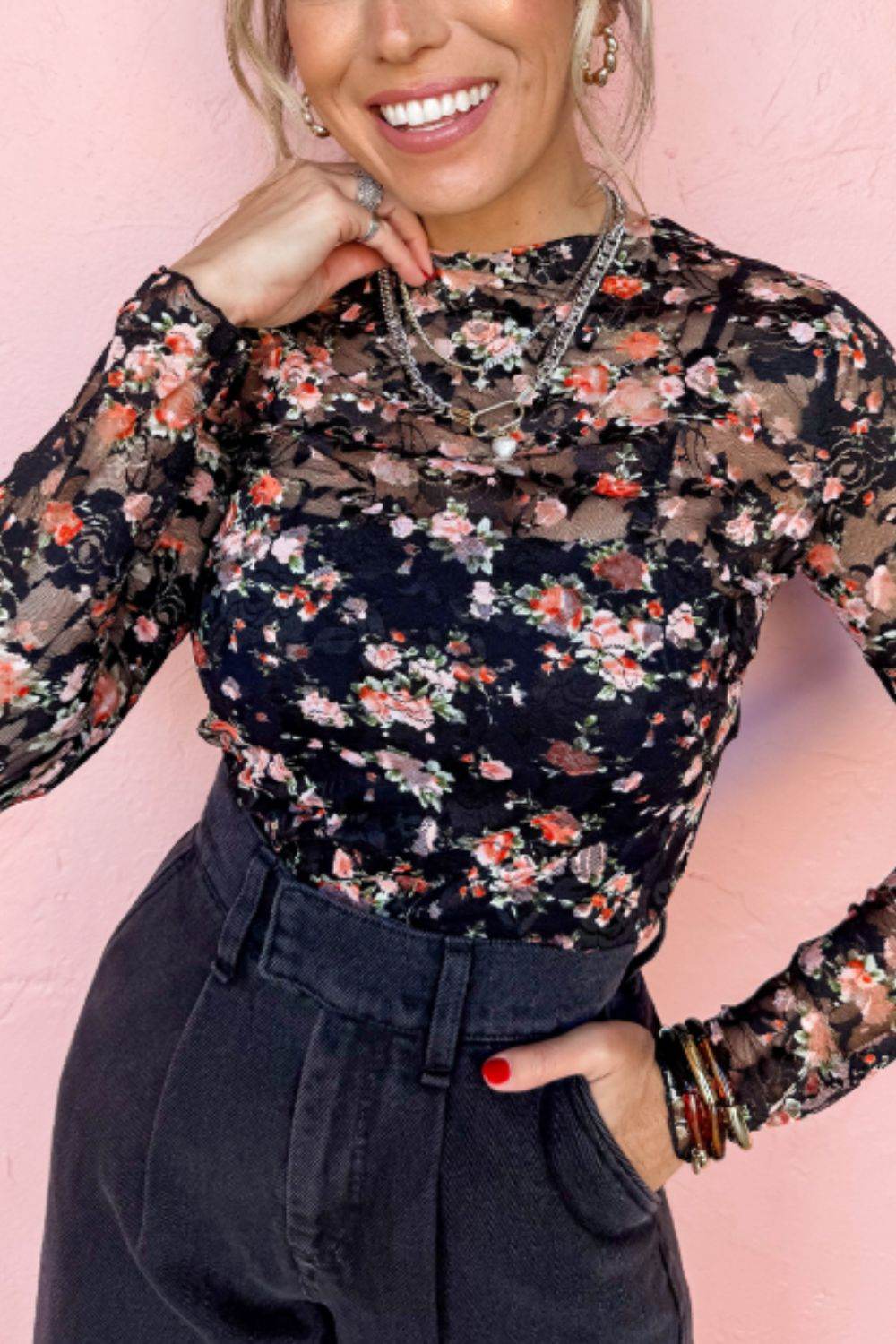 Floral Round Neck Long Sleeve Blouse for a perfect OOTD – dress to impress outfits from Amexza