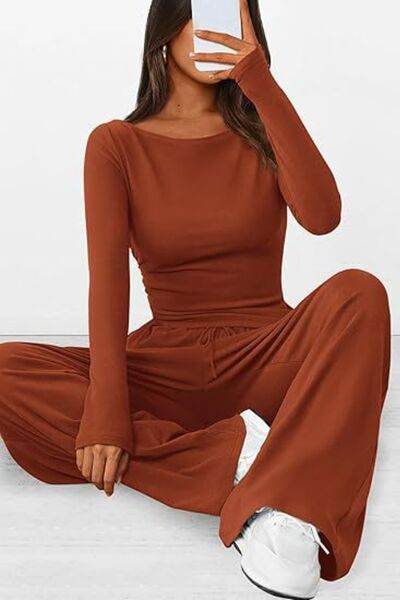 Round Neck Long Sleeve Top and Pants Set - Amexza