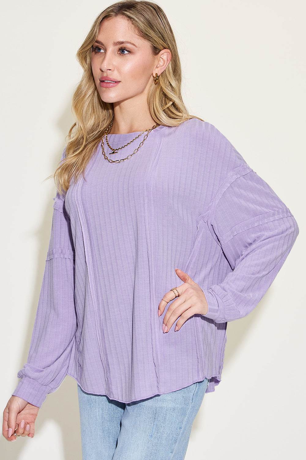 Basic Bae Full Size Ribbed Round Neck Long Sleeve T-Shirt for a perfect OOTD – dress to impress outfits from Amexza