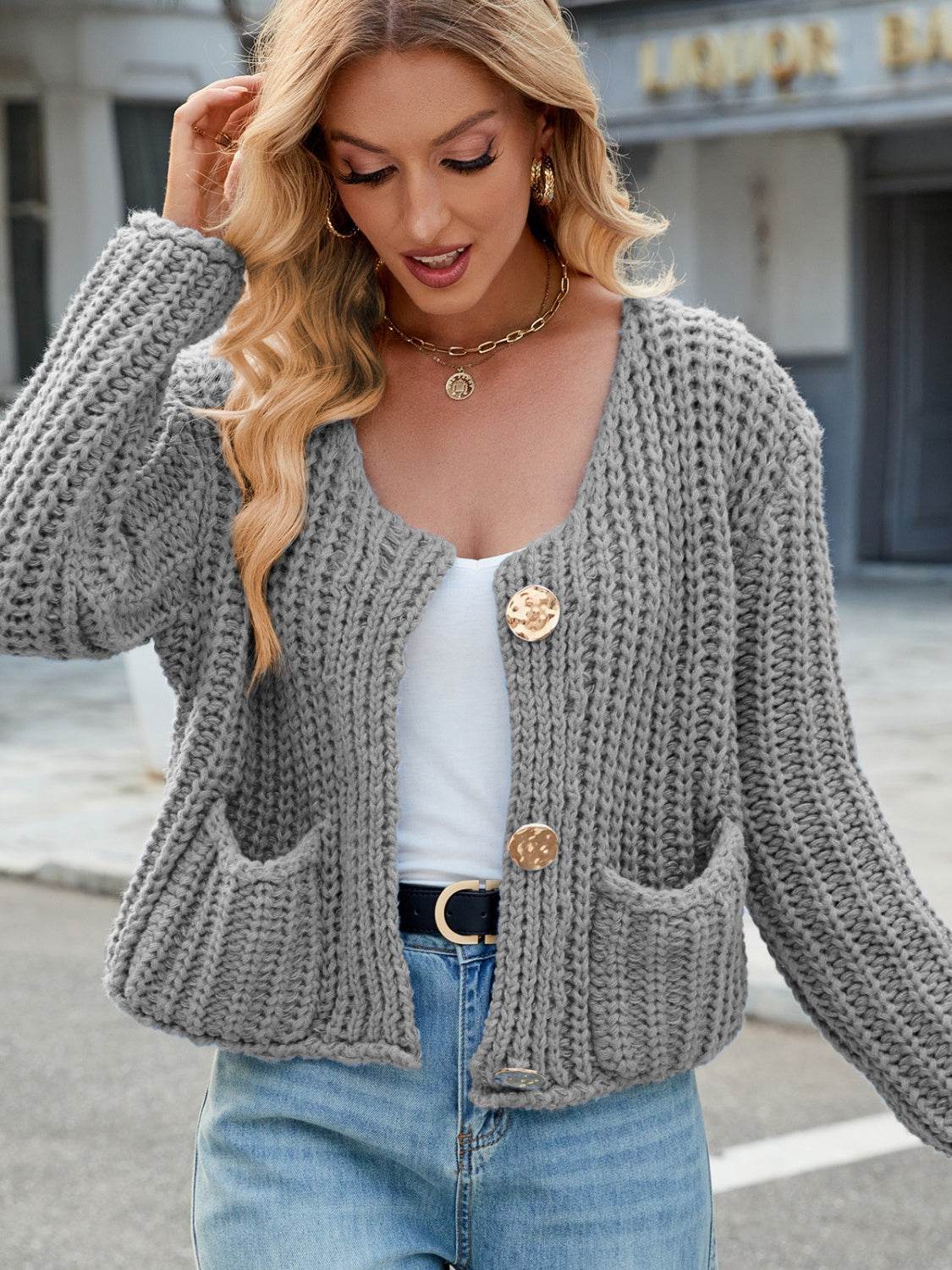 Round Neck Button Up Cardigan with Pockets - Amexza