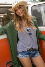 Openwork Side Slit Open Front Long Sleeve Cardigan - Amexza