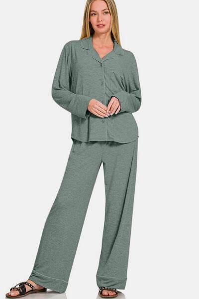 Zenana Button Down Long Sleeve Top and Pants Lounge Set for a perfect OOTD – dress to impress outfits from Amexza