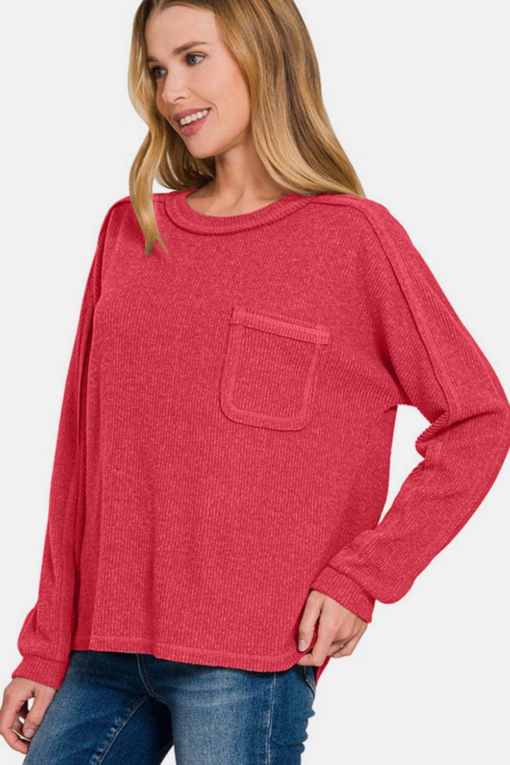 Zenana Full Size Contrast Stitching Brushed Ribbed Hacci Knit Top for a perfect OOTD – dress to impress outfits from Amexza