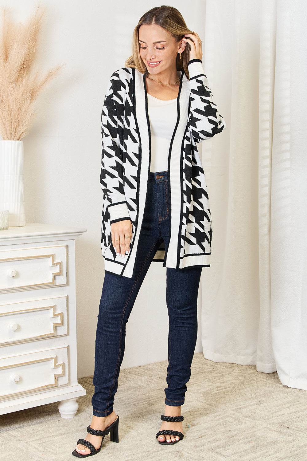 Mandy Woven Right Houndstooth Open Front Longline Cardigan for a perfect OOTD – dress to impress outfits from Amexza