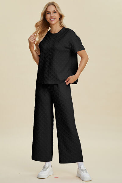 Double Take Full Size Texture Round Neck Short Sleeve Top and Pants Set for a perfect OOTD – dress to impress outfits from Amexza