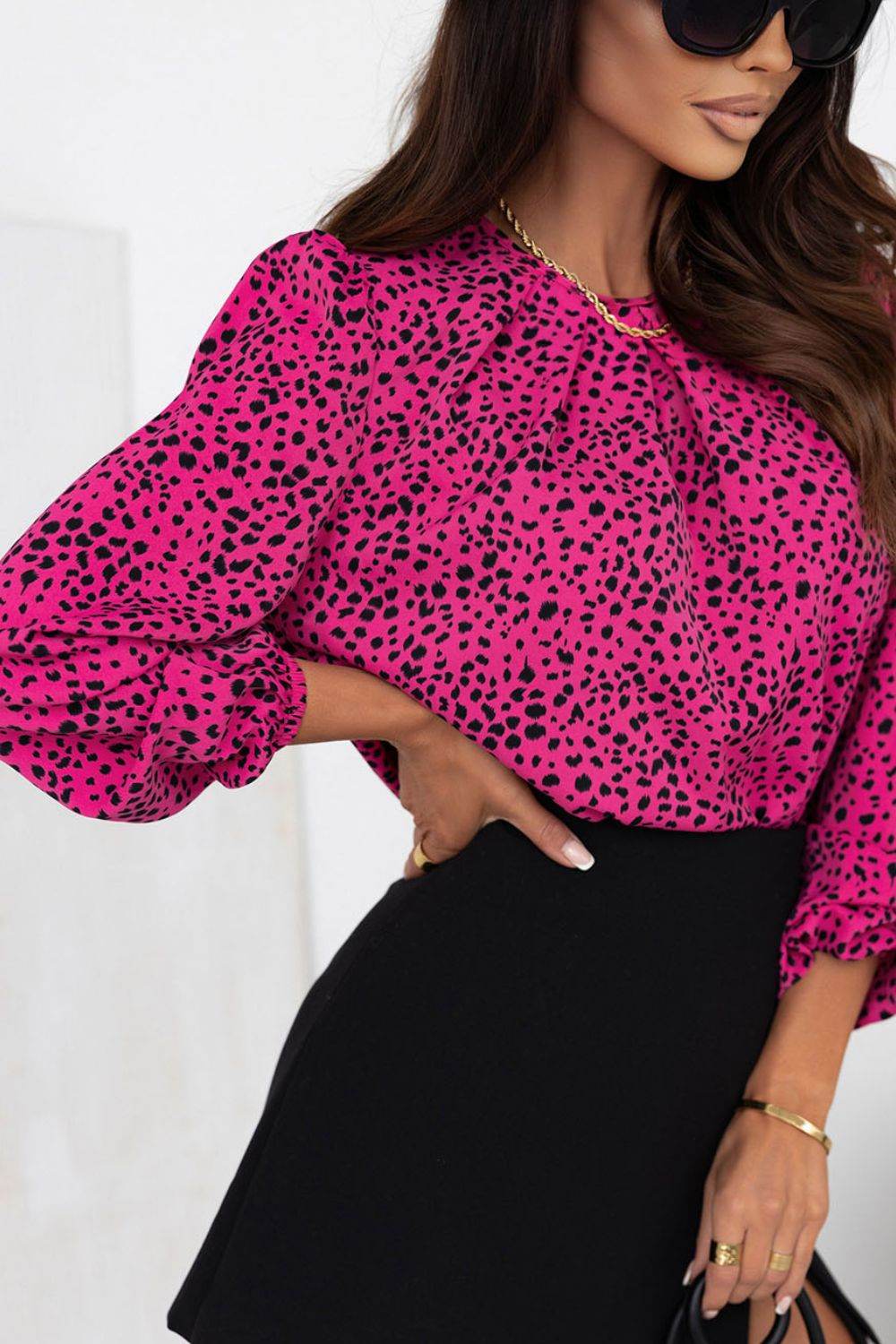 Leopard Round Neck Balloon Sleeve Blouse for a perfect OOTD – dress to impress outfits from Amexza