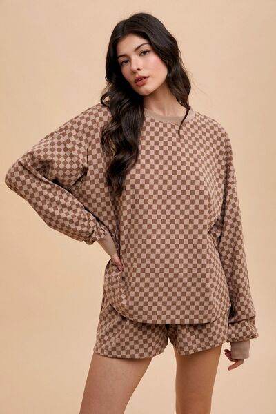 Annie Wear Checkered Round Neck Top and Drawstring Shorts Set Mocha for a perfect OOTD – dress to impress outfits from Amexza