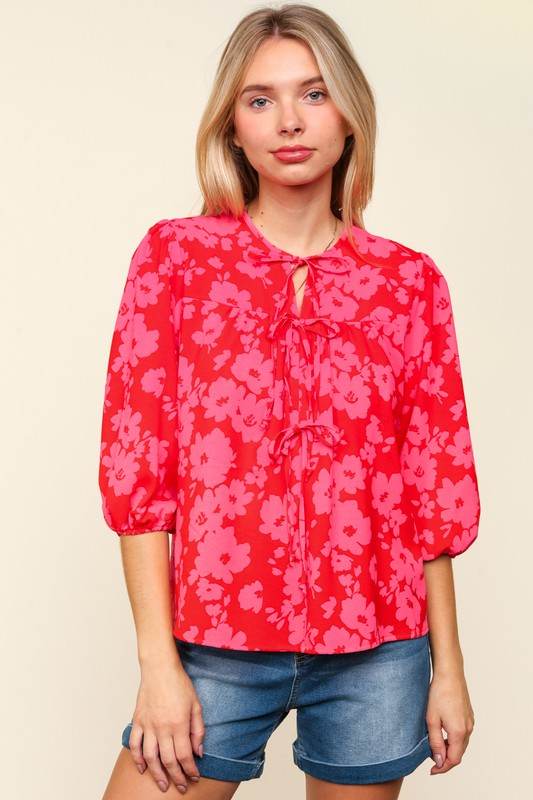 Haptics Full Size Ribbon Bow Floral Balloon Sleeve Blouse Red Pink for a perfect OOTD – dress to impress outfits from Amexza