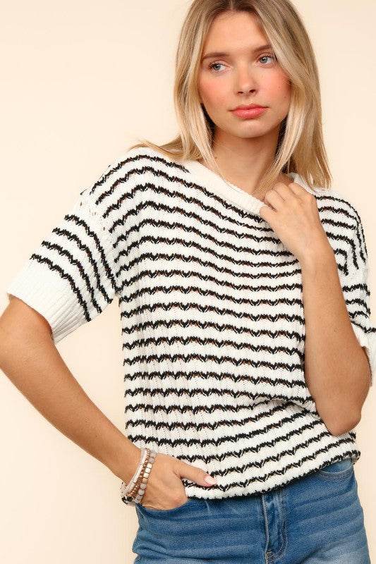 Haptics Openwork Striped Round Neck Half Sleeve Knit Top for a perfect OOTD – dress to impress outfits from Amexza