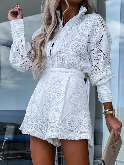 Lace Button Detail Long Sleeve Top and Shorts Set - Amexza