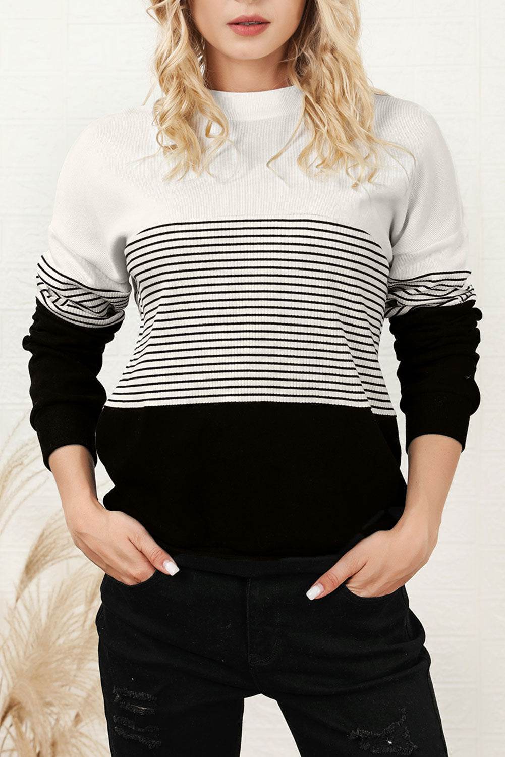 Striped Color Block Long Sleeve Knit Top for a perfect OOTD – dress to impress outfits from Amexza