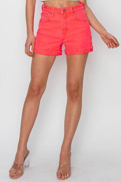 RISEN Full Size High Rise Cuffed Denim Shorts Coral for a perfect OOTD – dress to impress outfits from Amexza