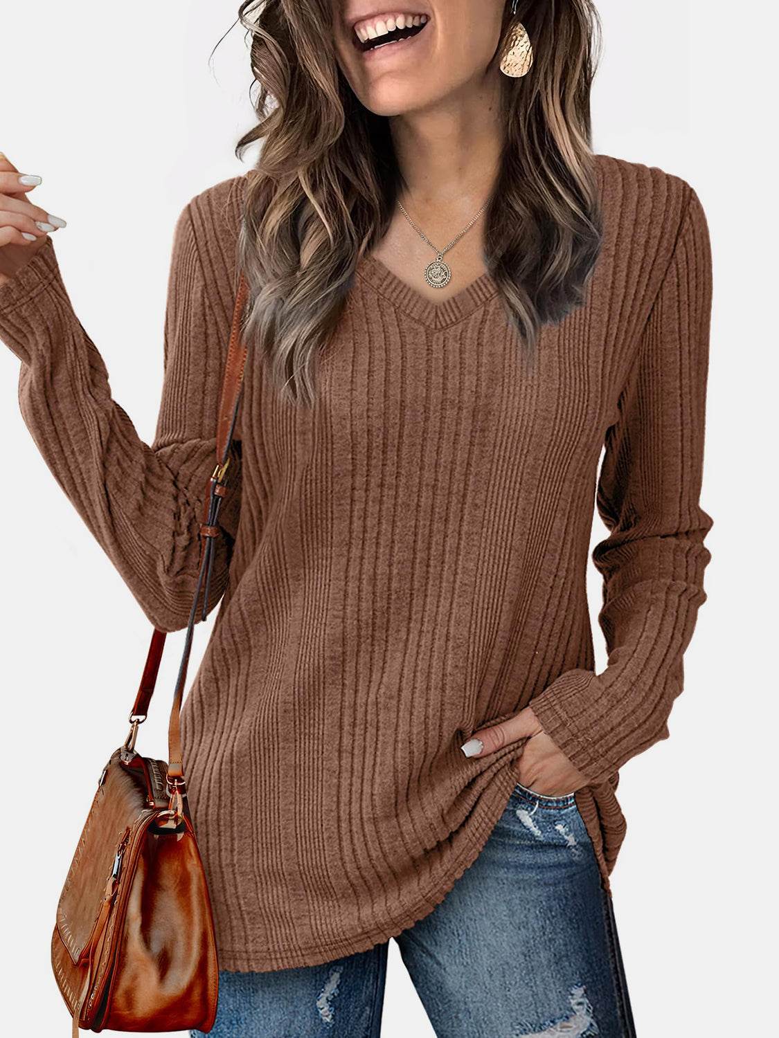 V-Neck Long Sleeve T-Shirt Brown for a perfect OOTD – dress to impress outfits from Amexza