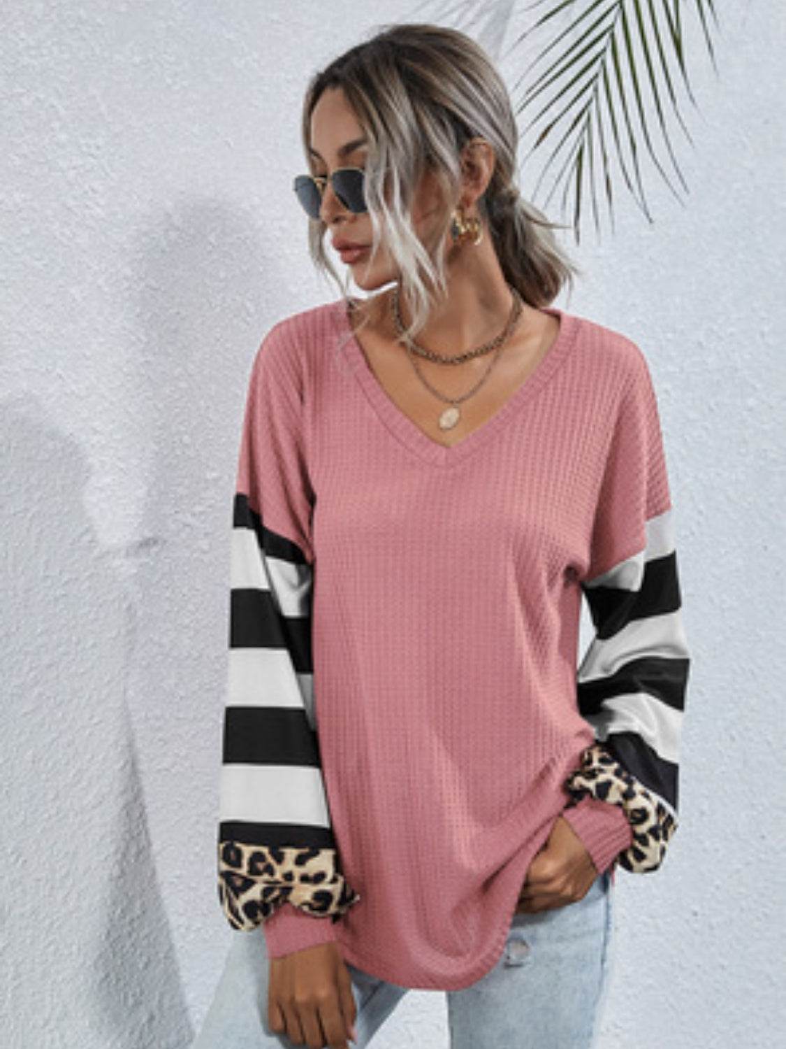 Leopard Striped Waffle-Knit Top - Amexza