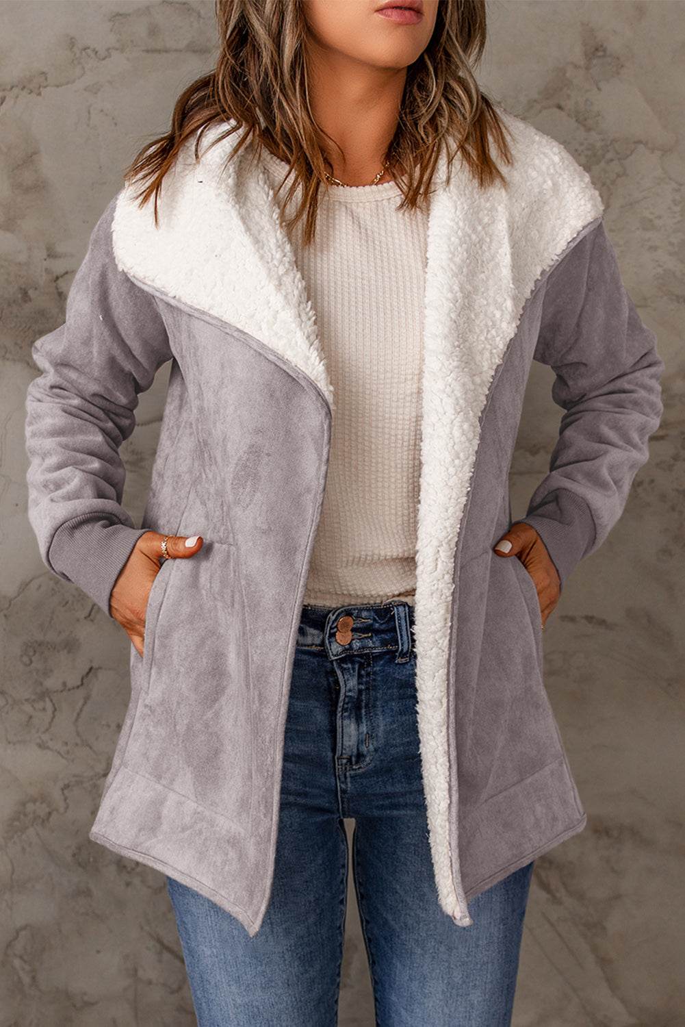 Open Front Long Sleeve Sherpa Jacket for a perfect OOTD – dress to impress outfits from Amexza