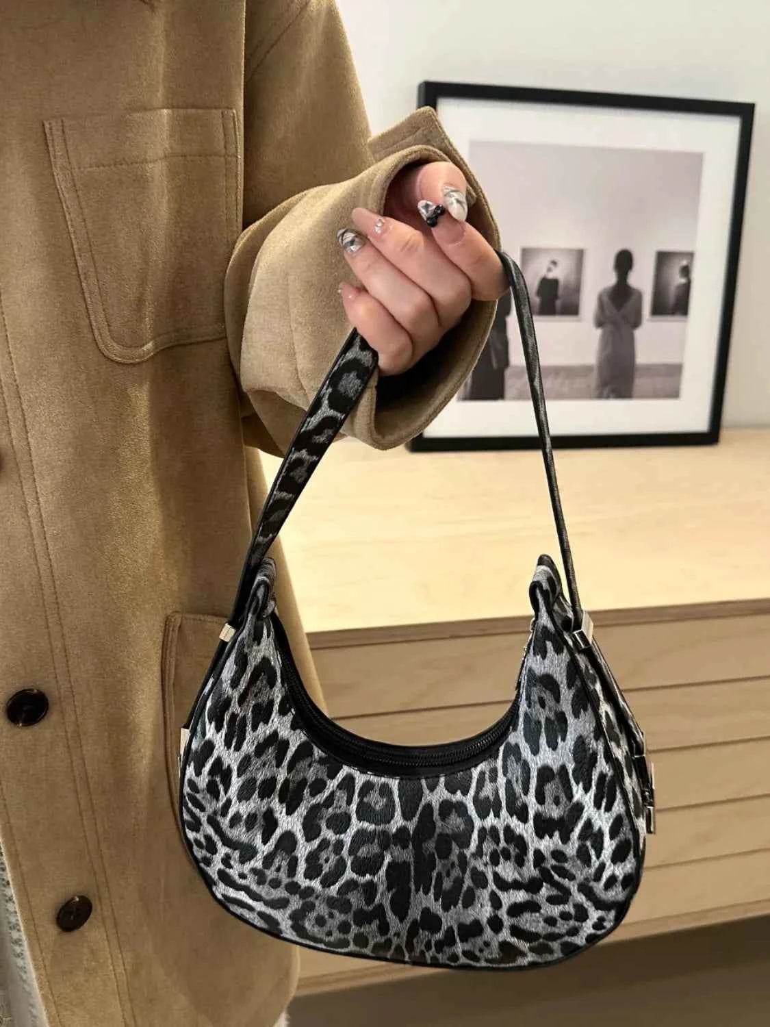 Leopard PU Leather Shoulder Bag Black One Size for a perfect OOTD – dress to impress outfits from Amexza