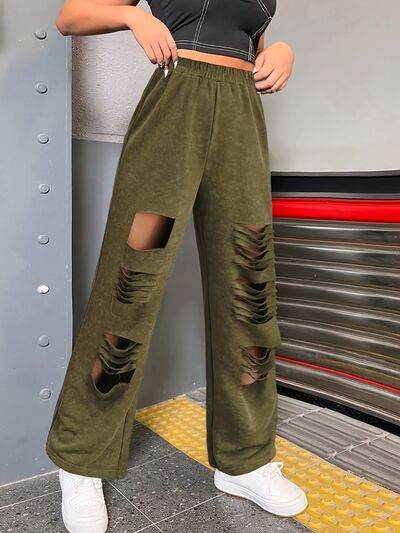 Distressed Elastic Waist Straight Leg Pants - Amexza