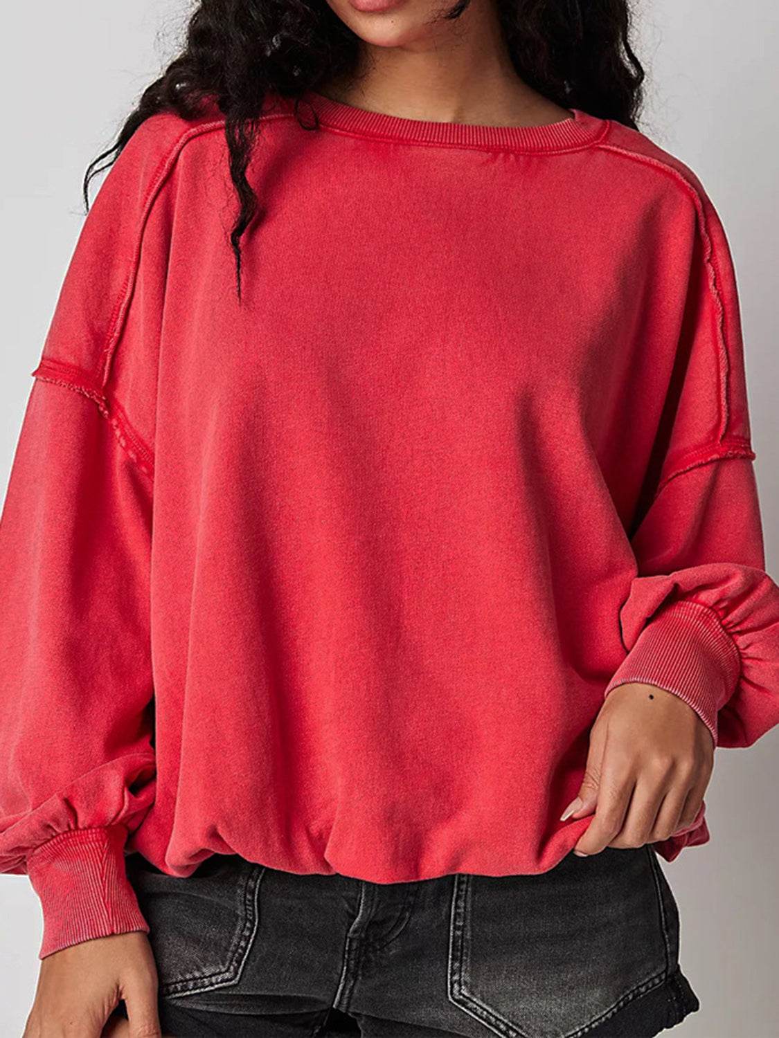 Exposed Seam Round Neck Long Sleeve Sweatshirt Strawberry for a perfect OOTD – dress to impress outfits from Amexza
