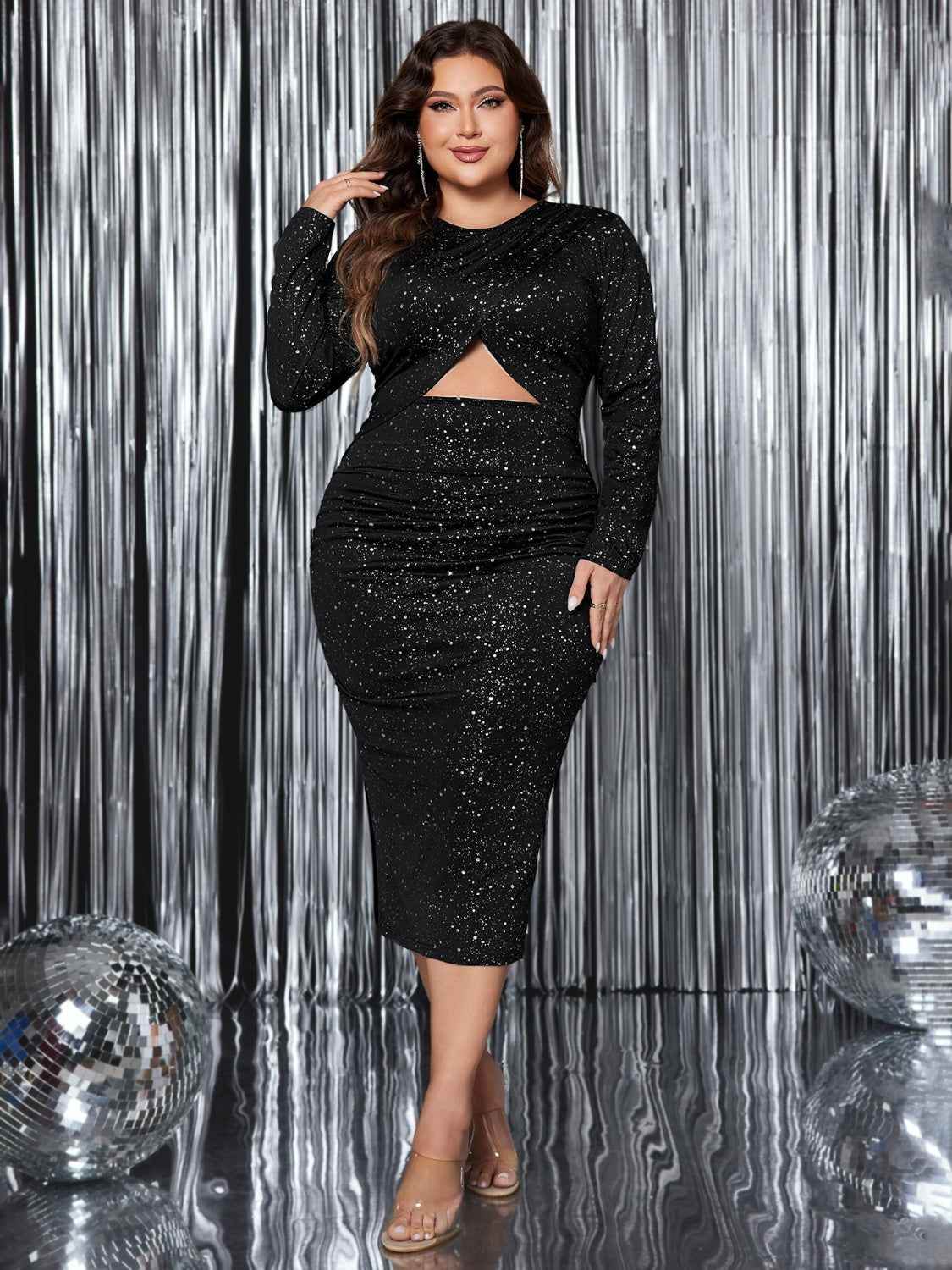 Honey Plus Size Cutout Slit Round Neck Long Sleeve Dress - Amexza