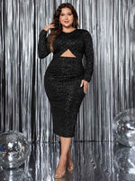 Honey Plus Size Cutout Slit Round Neck Long Sleeve Dress - Amexza
