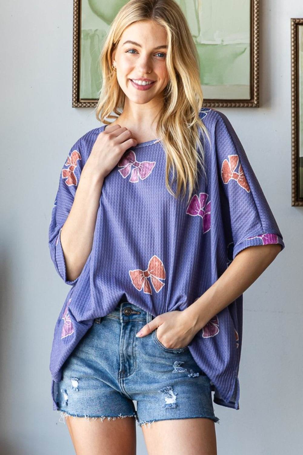 HOPELY Bow Print Waffle Side Slit T-Shirt Purple for a perfect OOTD – dress to impress outfits from Amexza