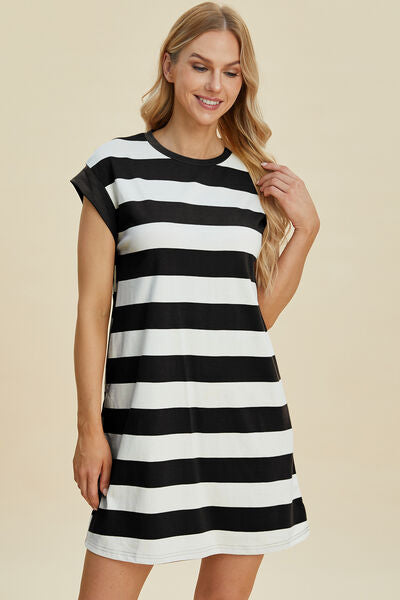 Basic Bae Full Size Striped Round Neck Cap Sleeve Mini Dress for a perfect OOTD – dress to impress outfits from Amexza