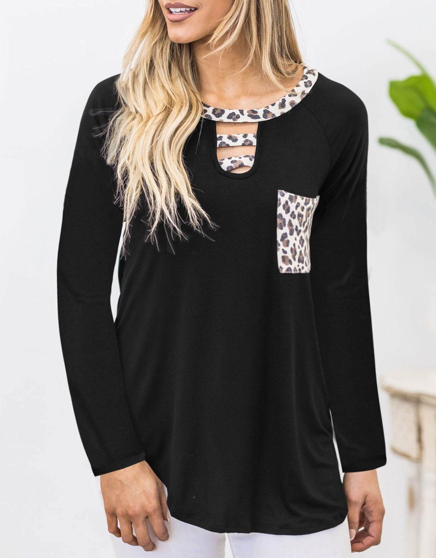 Cutout Leopard Round Neck Long Sleeve T-Shirt Black for a perfect OOTD – dress to impress outfits from Amexza