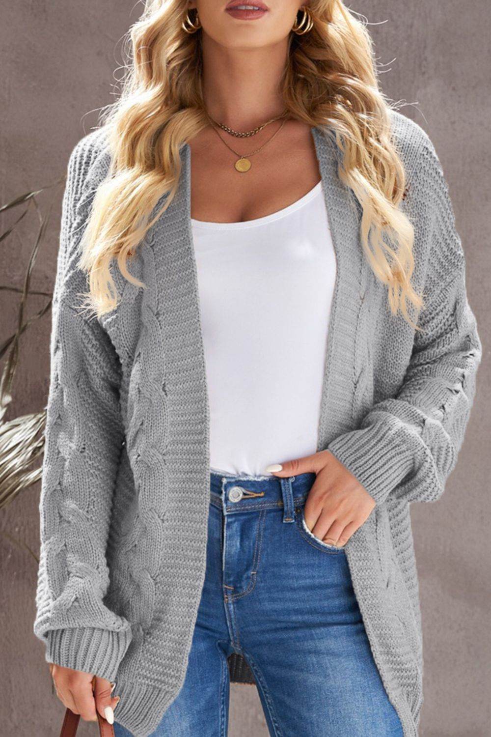 Cable-Knit Open Front Cardigan - Amexza