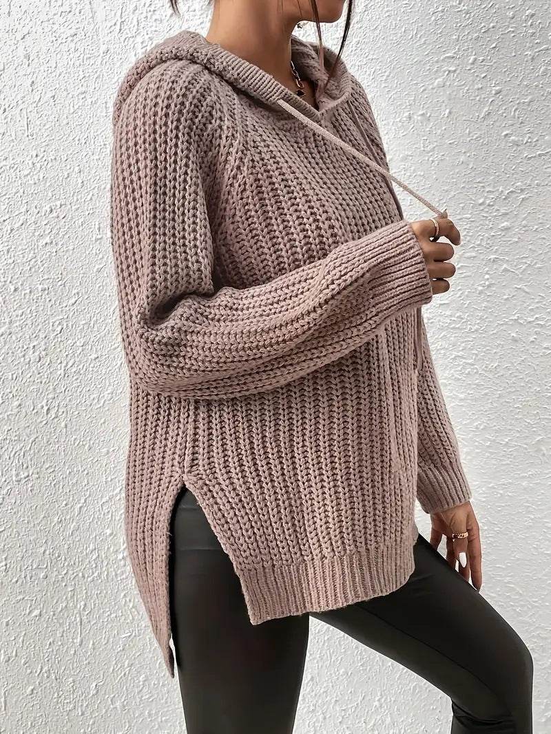 High-Low Side Slit Drawstring Long Sleeve Hooded Sweater for a perfect OOTD – dress to impress outfits from Amexza