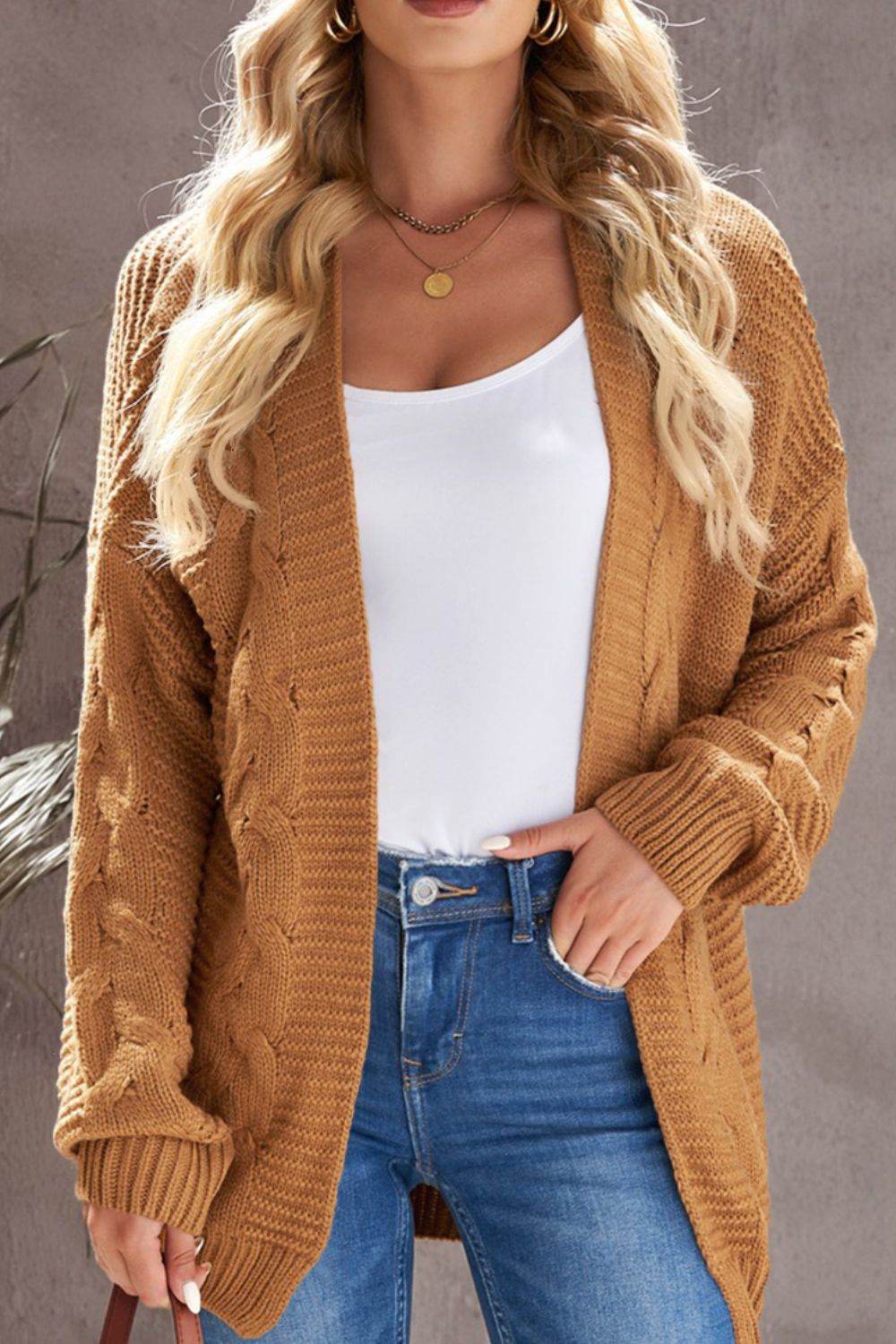 Cable-Knit Open Front Cardigan - Amexza