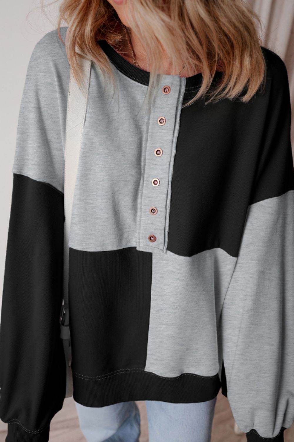 Color Block Half Button Long Sleeve Sweatshirt - Amexza