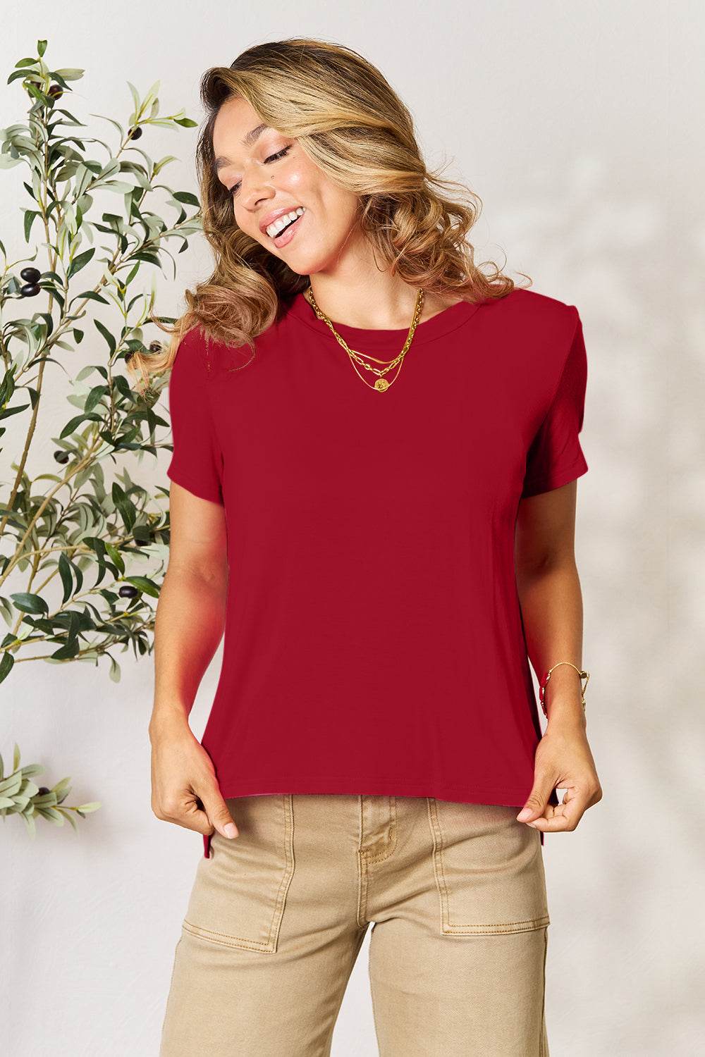 Basic Bae Full Size Round Neck Short Sleeve T-Shirt Deep Red for a perfect OOTD – dress to impress outfits from Amexza