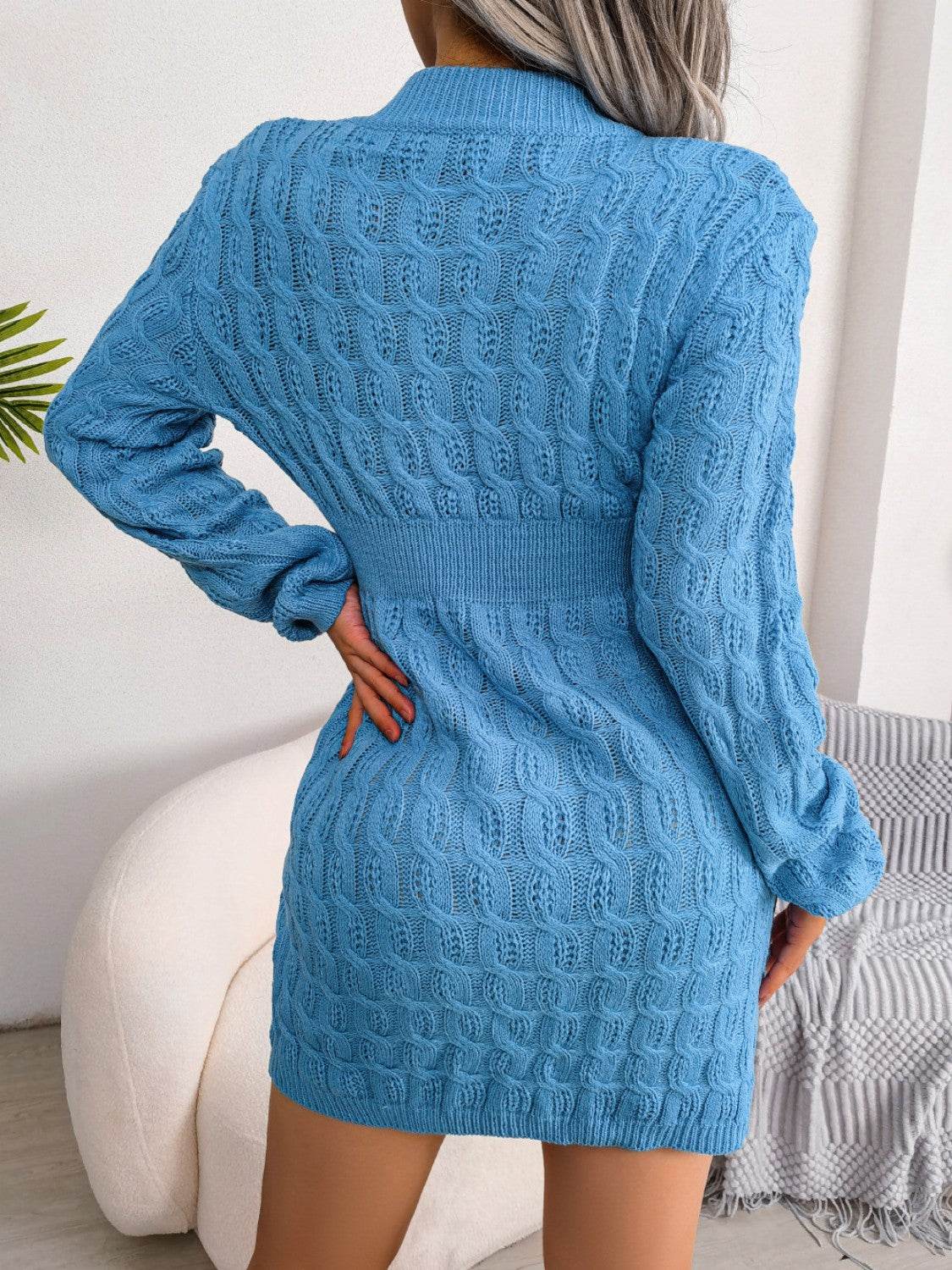 Cable-Knit Round Neck Mini Wrap Sweater Dress - Amexza