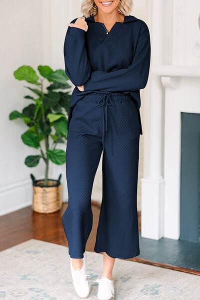 Textured Collared Neck Top and Wide Leg Pants Set - Amexza